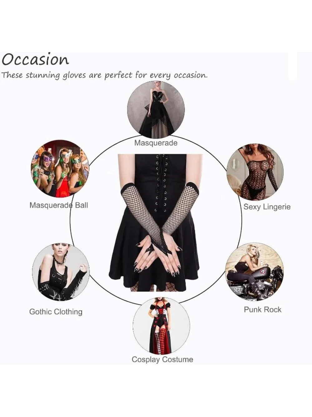 Women's Black Long Fishnet Fingerless Mesh Scalloped Edge Gothic Gloves